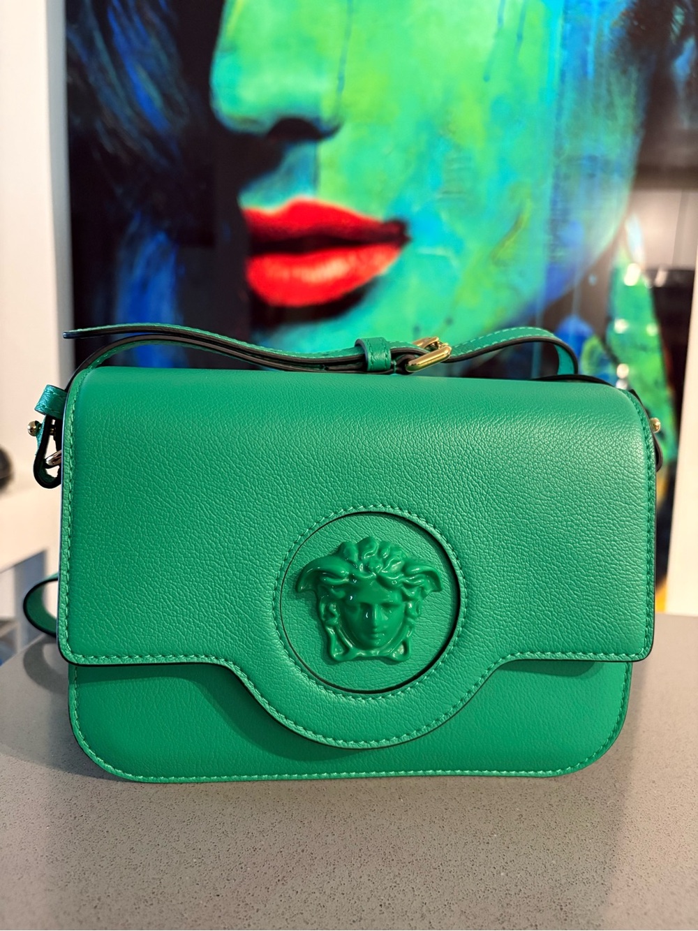Versace Green Pebbled Leather Medusa Crossbody Bag